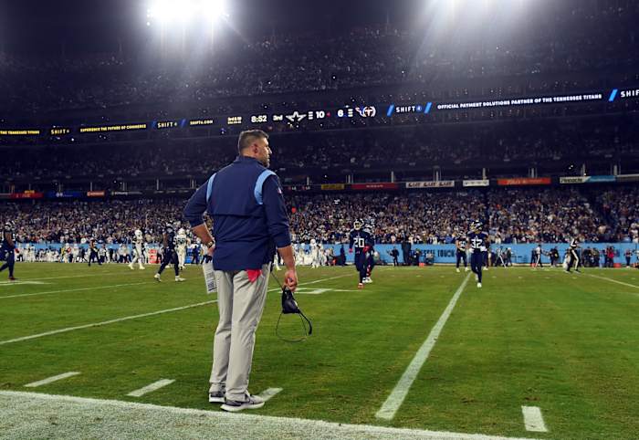 Tennessee Titans head coach Mike Vrabel waits for a referee to question a pass interference call during the second half against the Dallas Cowboys at Nissan Stadium.